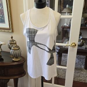 Under Armour Heat Gear Loose White Tank Top Black Abstract UA logo Design Lg EUC